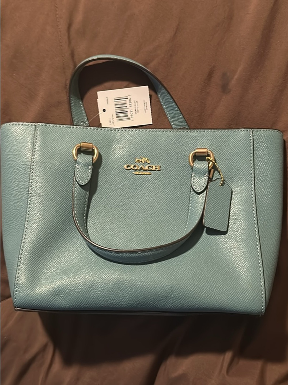 COACH Pale Blue Saffiano Leather Tote with Gold Hardware